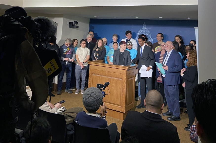 Photo from the North STAR Act press conference featuring Rep. Feist, Sen. Fateh and supporters.